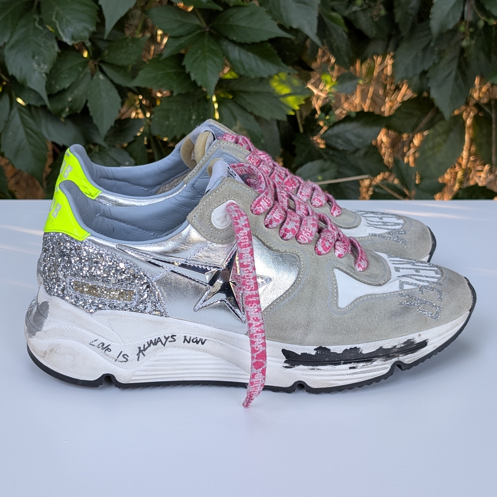 Golden Goose Silver and Pink Sneakers with Star Details